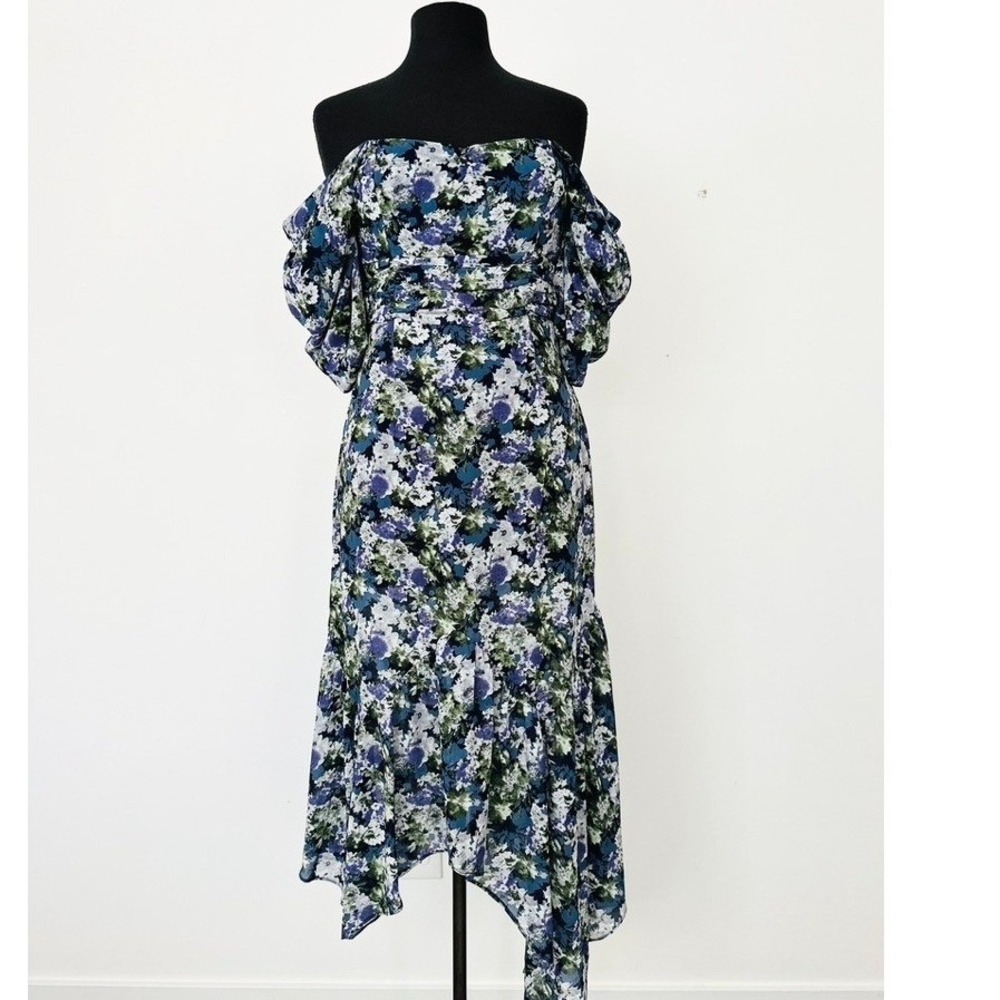 Astr The Label Midi Dress Medium Blue Multi Floral Puff Sleeve Romantic Party